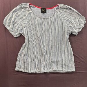 W5 Women's Blue & White Vertical Stripe Puff Sleeve Top with Red Trim